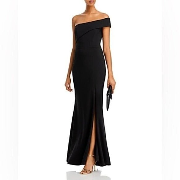 Aqua Scuba Crepe Off-the-Shoulder Gown - evening dress black size 12, New - Picture 1 of 12